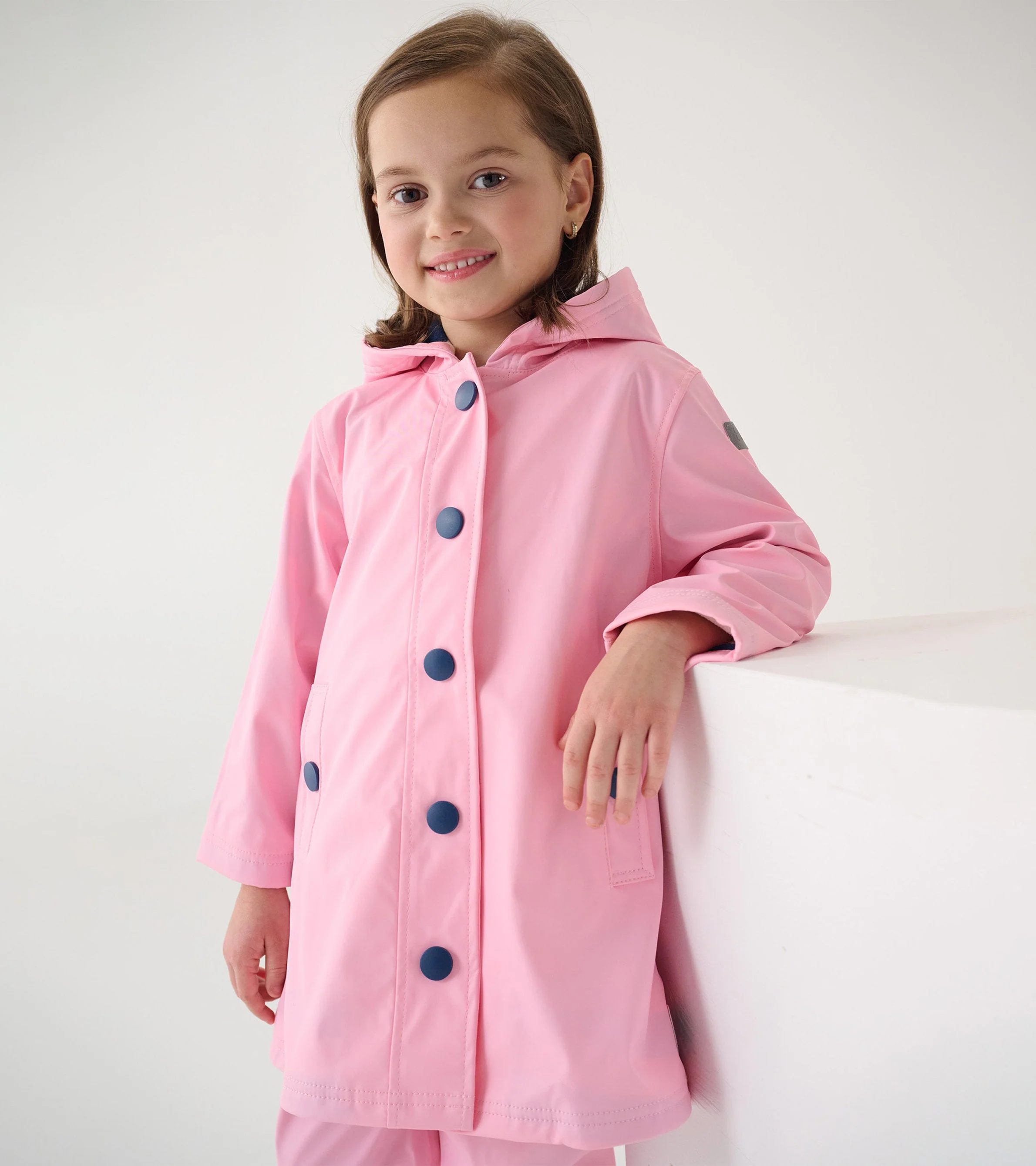 Girls Pink & Navy Button-Up Raincoat - Image 6