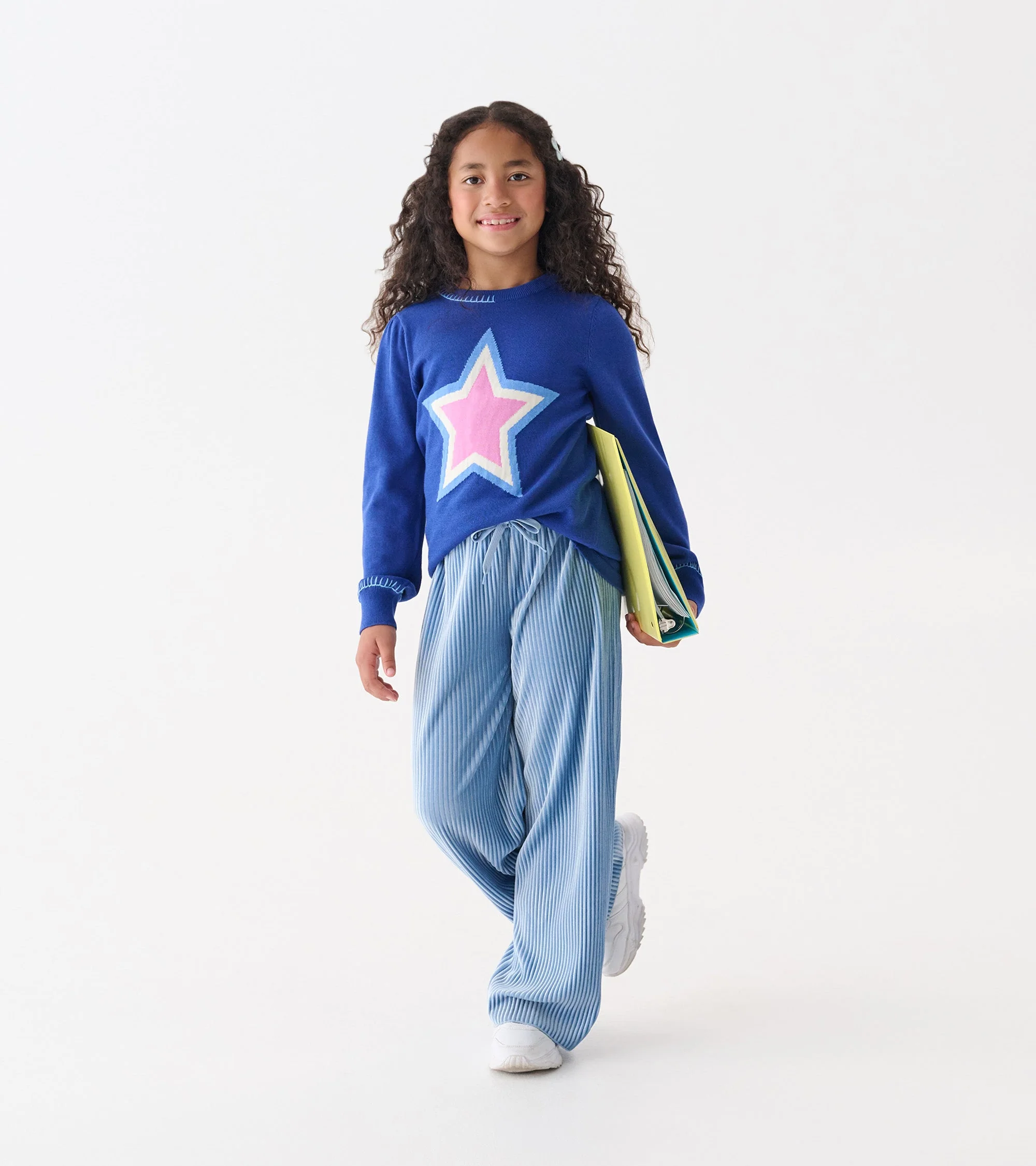 Girls Cornflower Blue Pleated Velour Relaxed Pants - Image 3