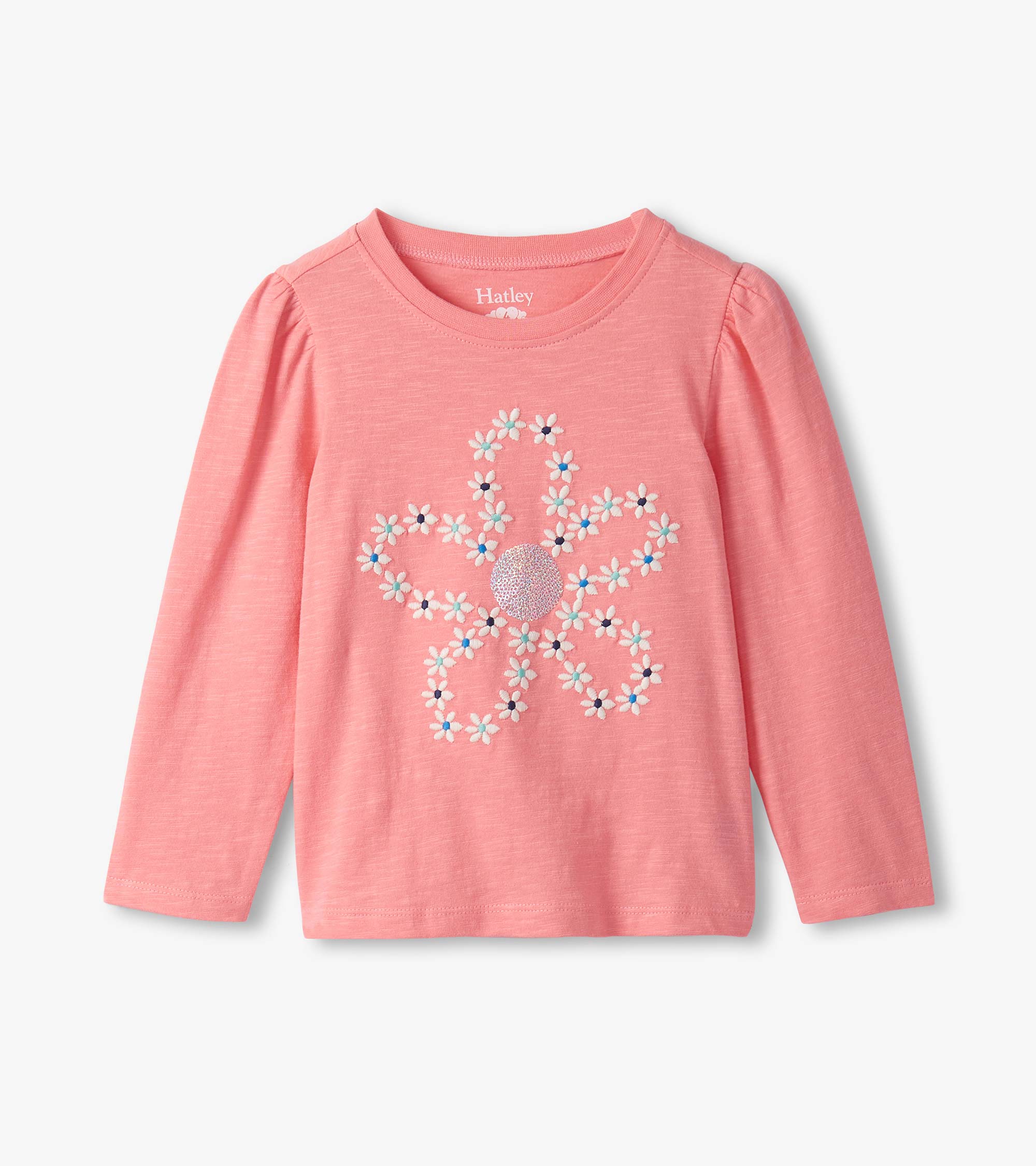 Girls Embroidered Flowers Puff Sleeve Graphic Tee