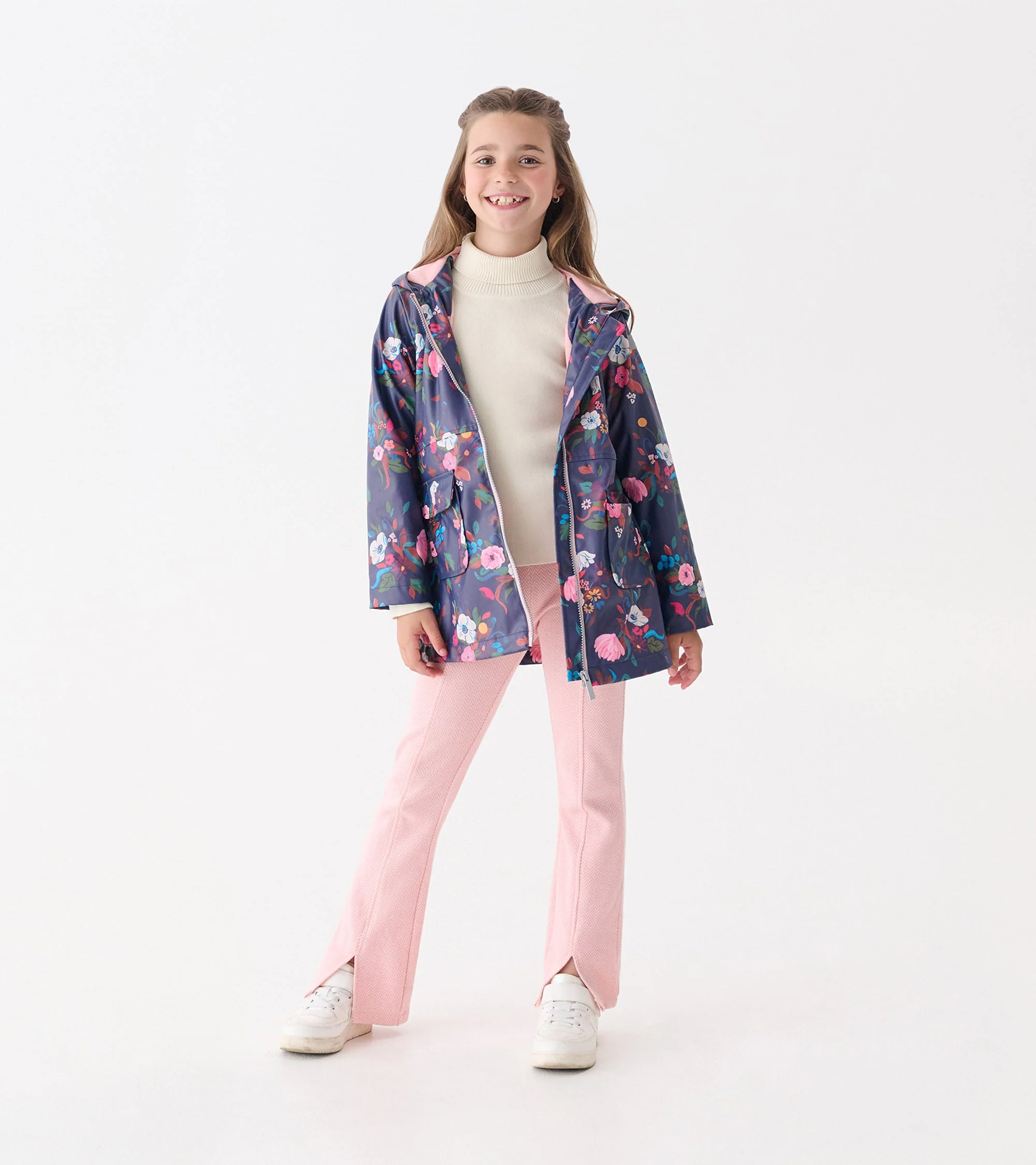 Girls Fall Floral Zip-Up Raincoat - Image 3