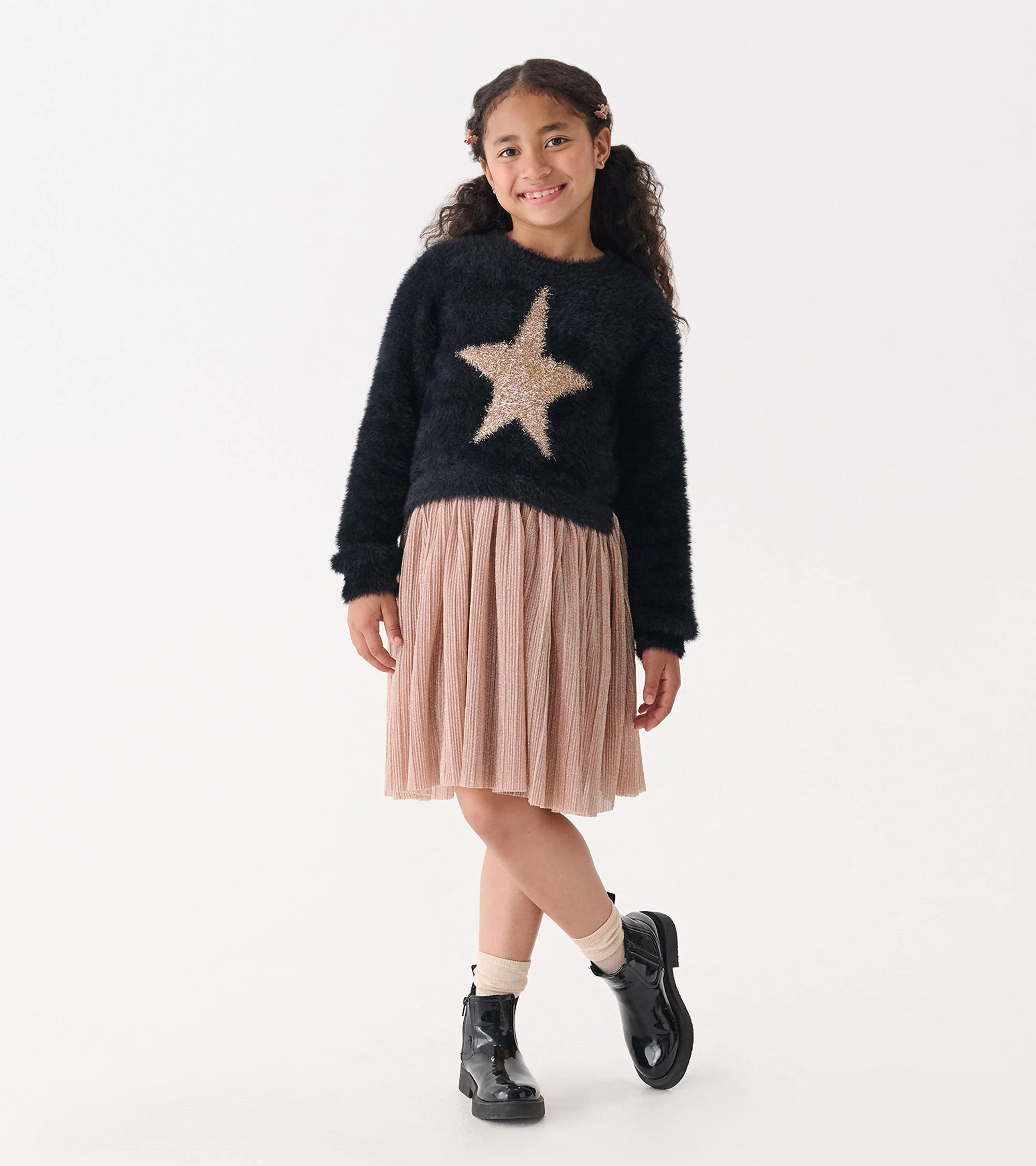 Girls Gold Star Mix Media Dress - Image 2