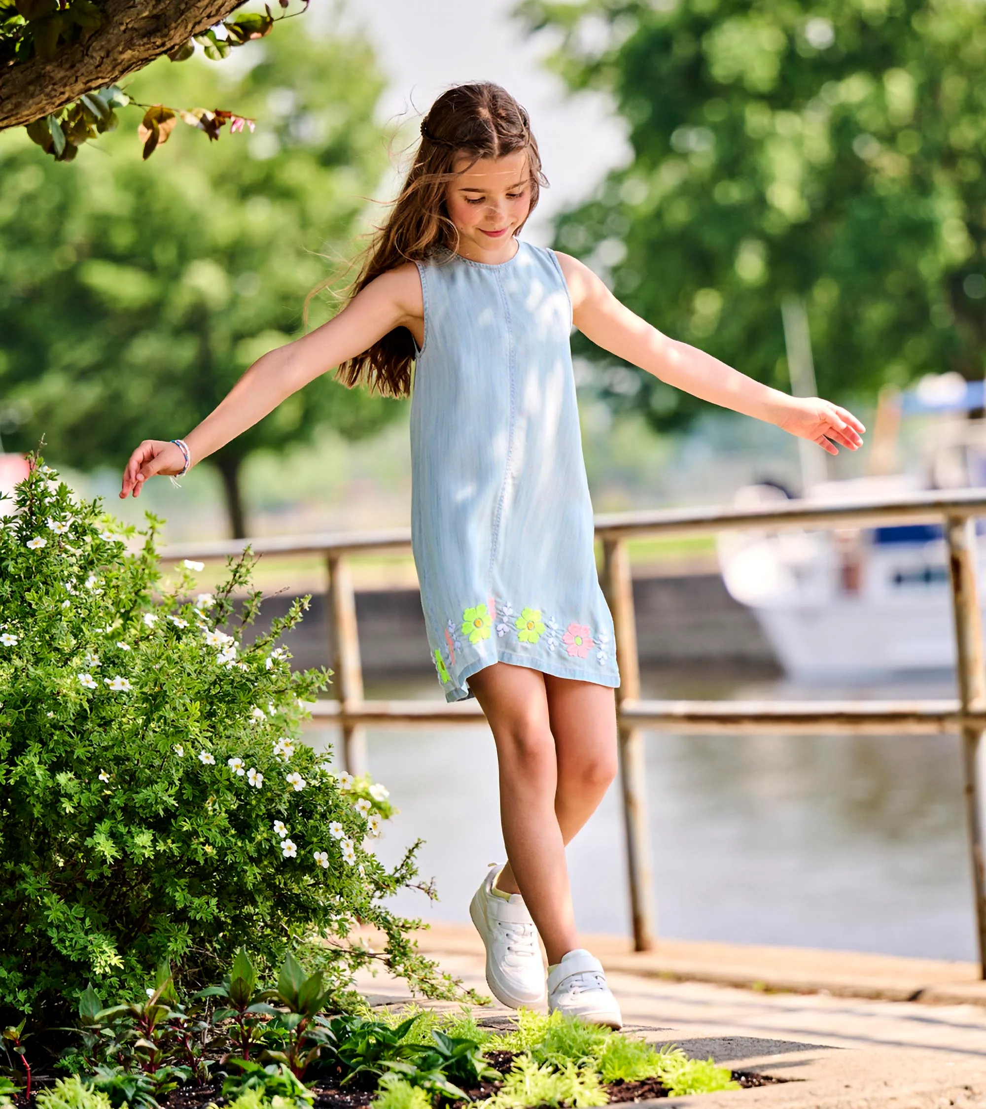 Girls Soft Blue Tencel Embroidered Pinafore Dress - Image 2